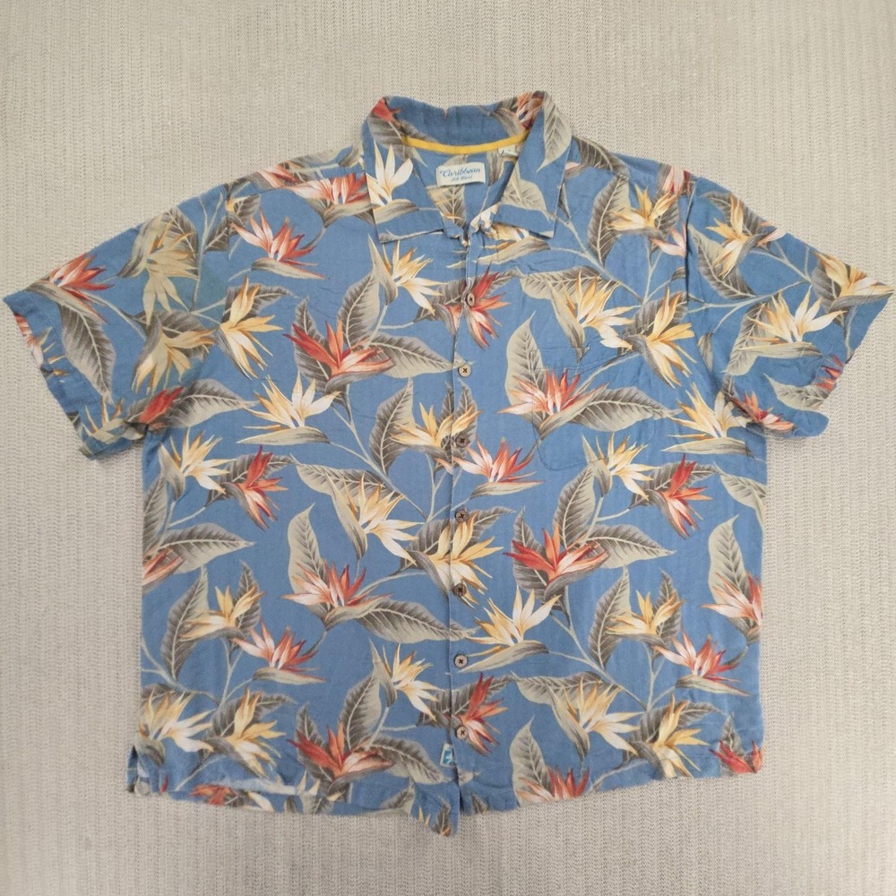 Caribbean Shirt Mens 2XB Blue Floral Hawaiian Tropical Short Sleeve Silk Blend